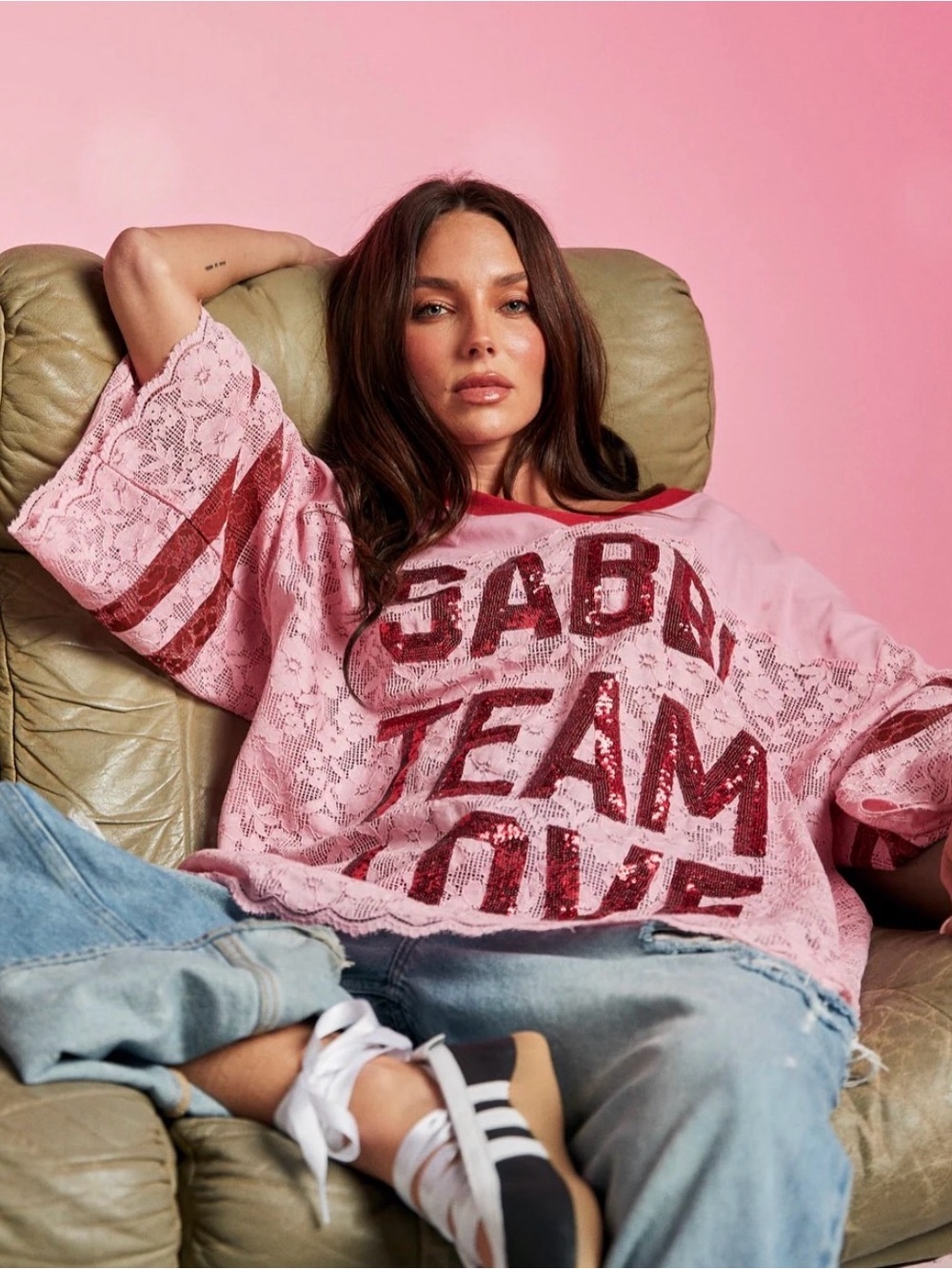NWOT! Sabbi Oversized Pink Lace Varsity Jersey Sequins ‘Team Love’ M